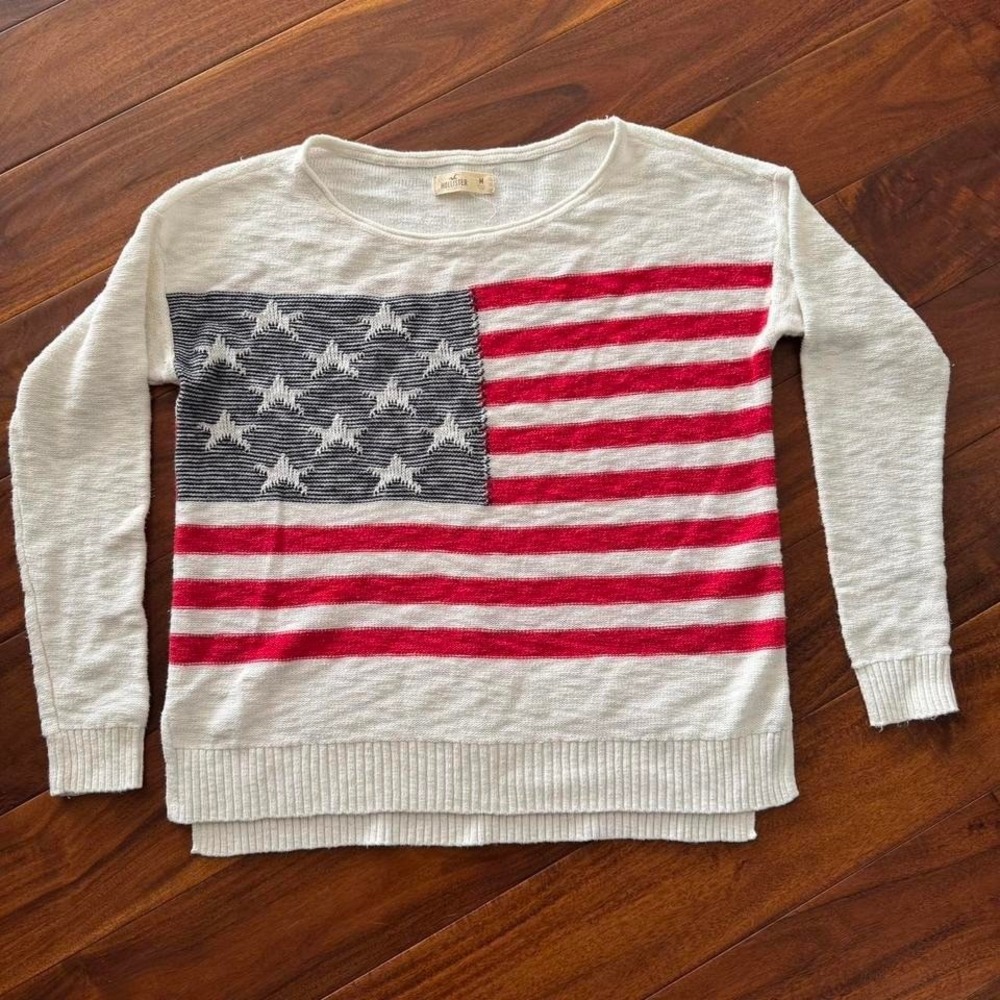 Hollister White Crewneck Sweater with Red & Navy Flag Stripe